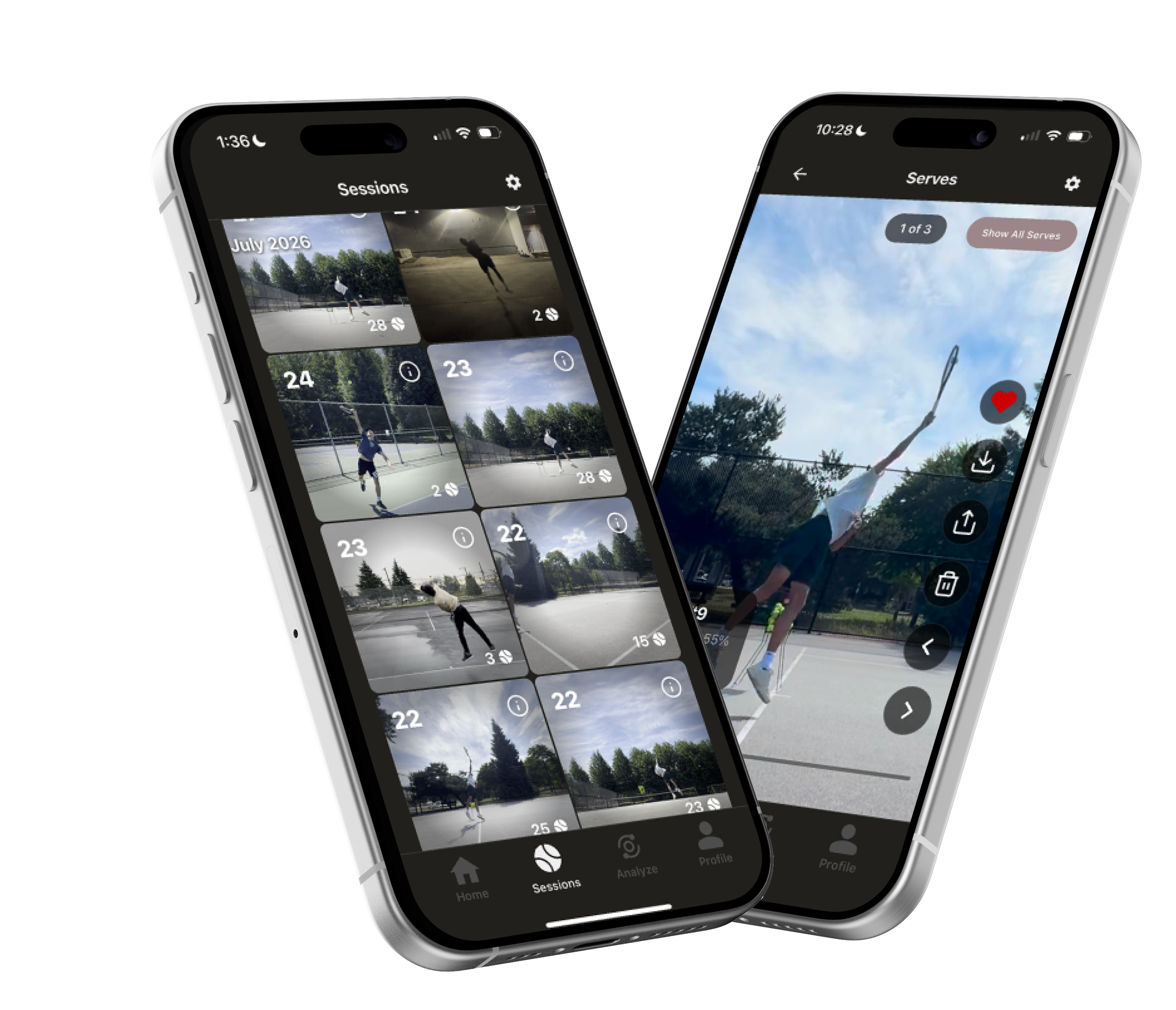 AceTrackr app running on two iPhones showing session list and serve replay